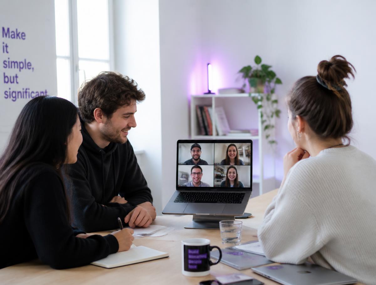 Remote-first Spokenfor team on a video call in a bright studio